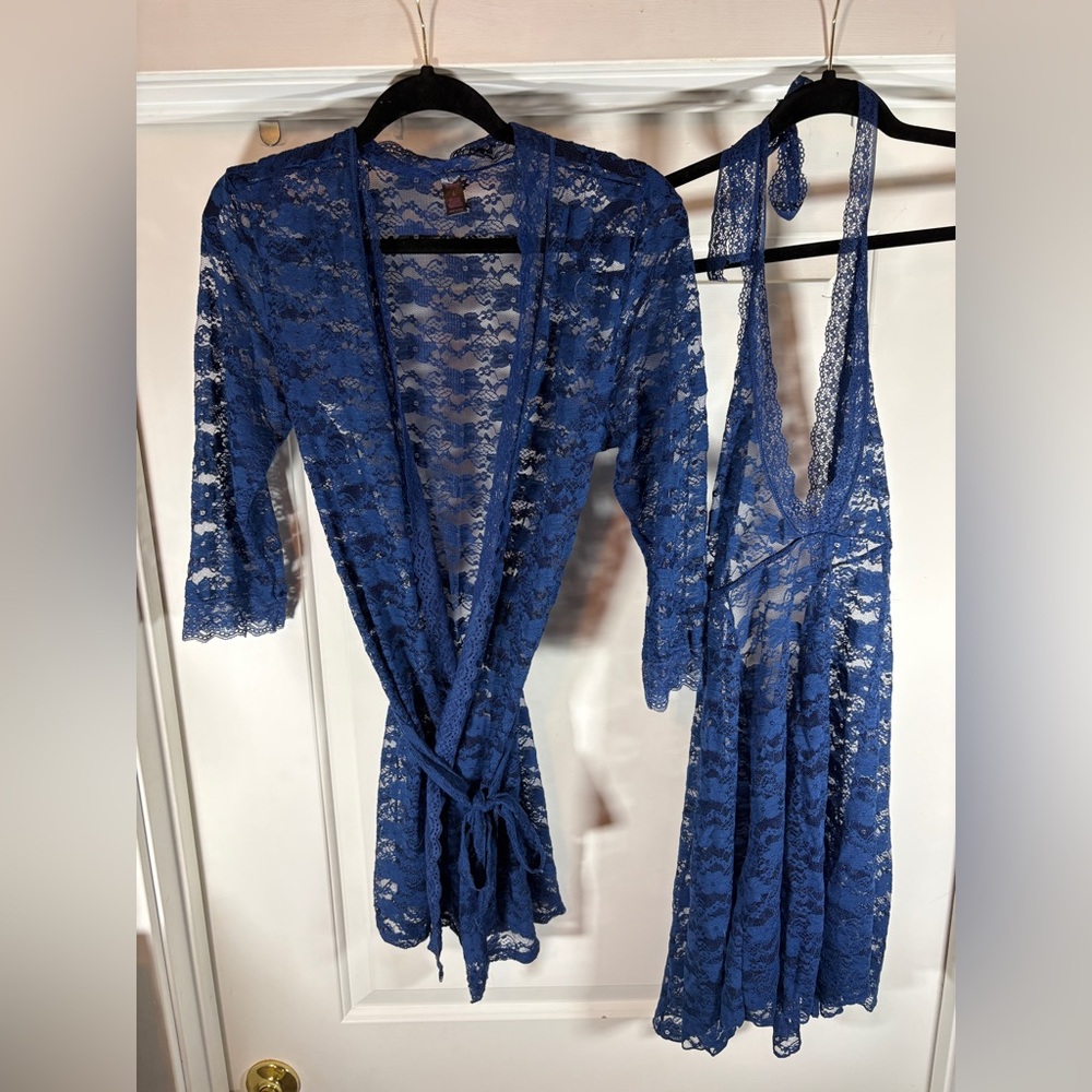 Blue Lace Halter Teddy and Matching Robe